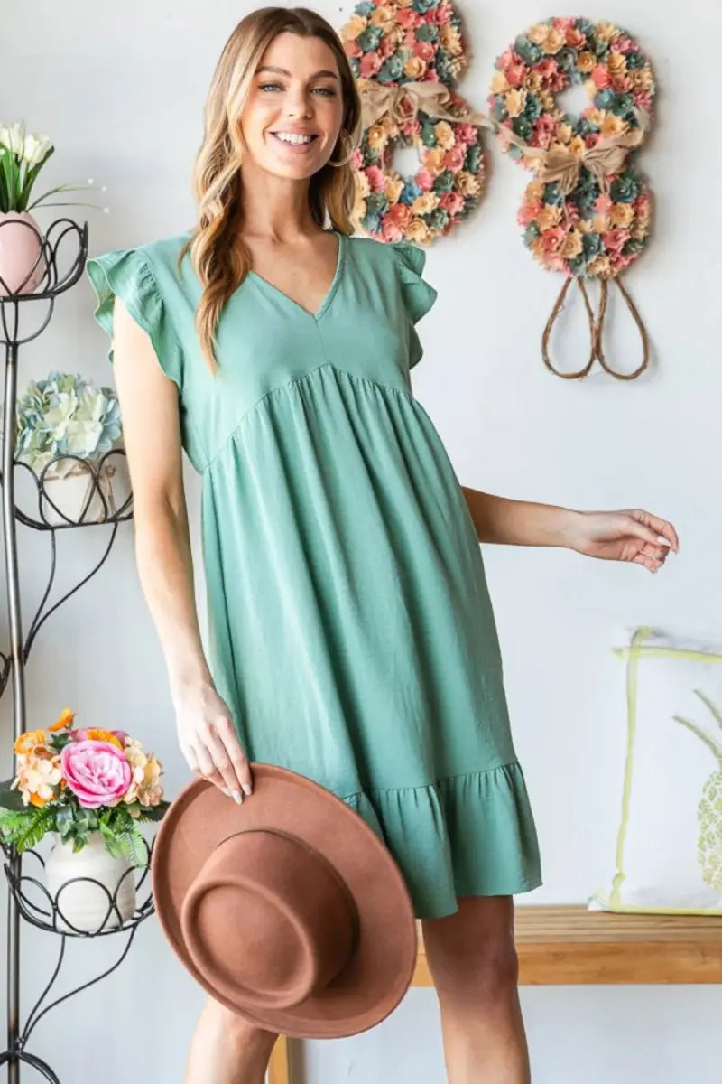 Heimish Full Size Short Sleeve V Neck Ruffled Hem Dress - Love Salve